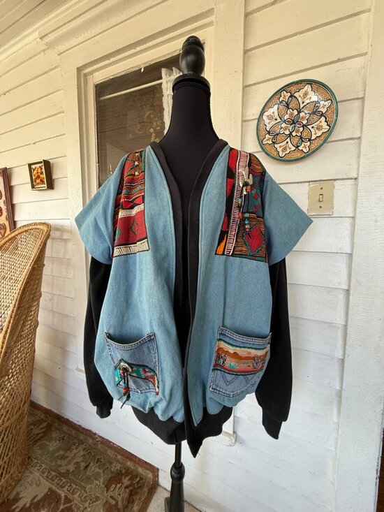 Vintage 80's handmade Southwestern-style denim jacket/sweatshirt Womens XL - Picture 1 of 16